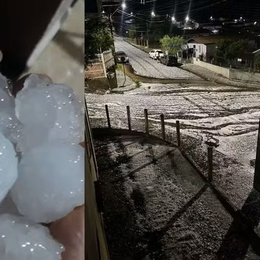 Temporal com granizo cobre ruas de SC com 'bolas' de gelo
