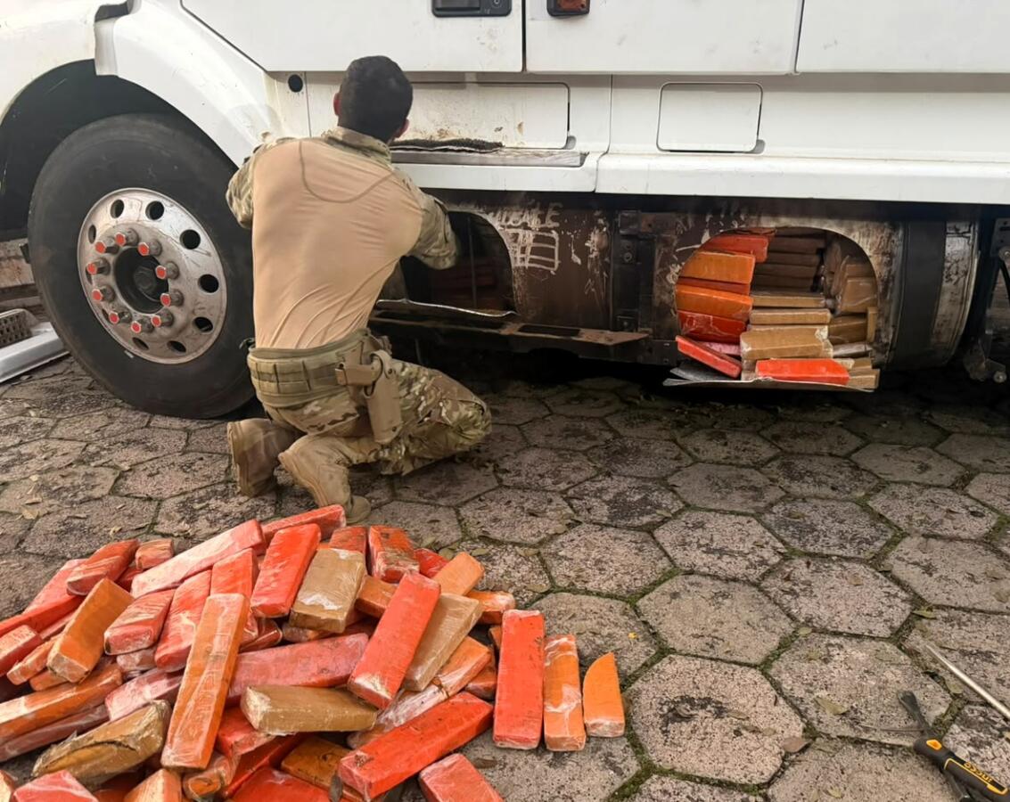 Cão farejador da PRF encontra mais de 500 quilos de maconha escondidos em carreta na BR-282
