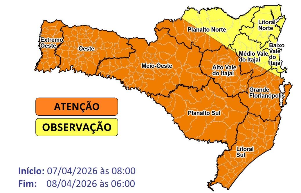 Temporais com ventos acima de 70 km/h atingem SC a partir desta terça, alerta Defesa Civil