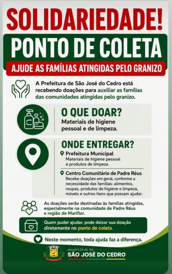Prefeitura arrecada doações para famílias atingidas pelo granizo em São José do Cedro