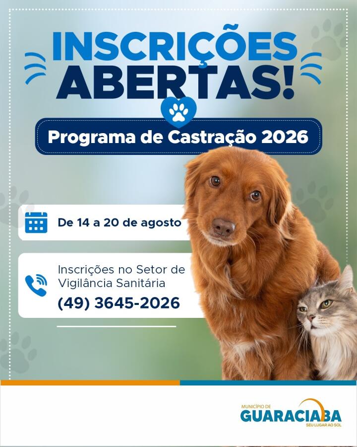 Inscrições para castração de cães e gatos estão abertas em Guaraciaba
