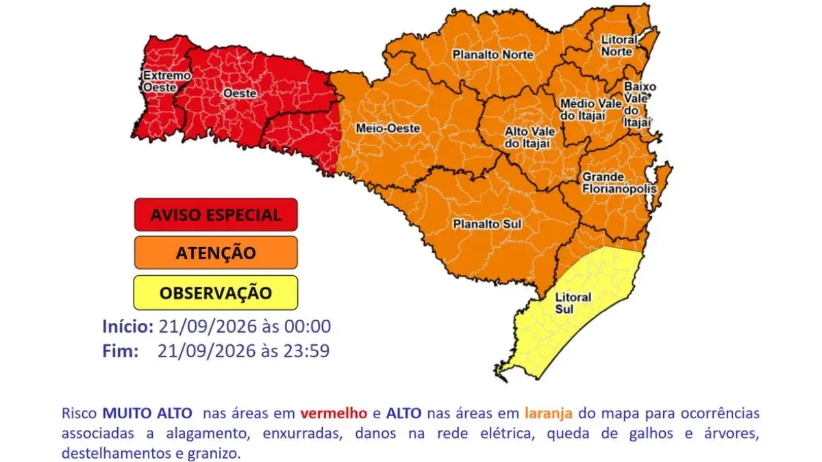 Extremo-Oeste tem risco muito alto para temporais com vendaval nesta segunda