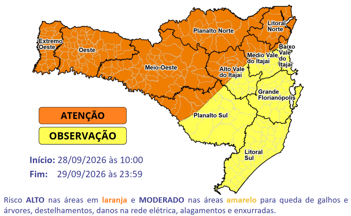 Defesa Civil alerta para temporais severos com granizo e vendavais no Grande Oeste