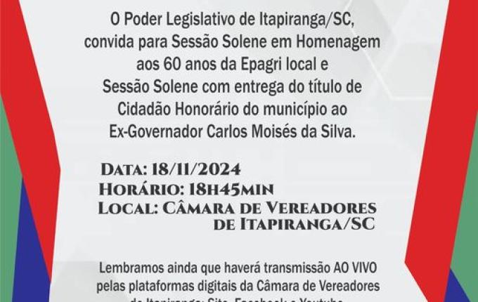 Câmara de Itapiranga terá sessão solene pelos 60 anos da Epagri