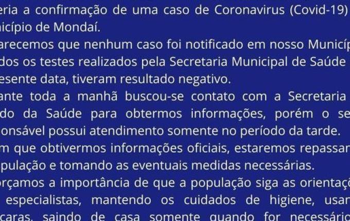 Mondaí esclarece em nota que município não tem confirmação positiva para Covid-19