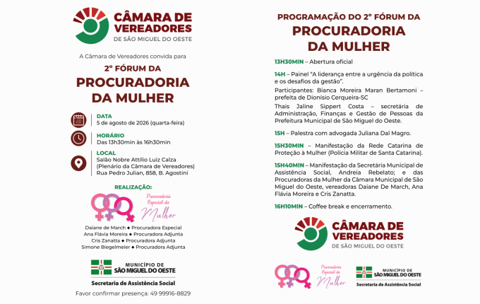 Câmara promove 2º Fórum da Procuradoria da Mulher em São Miguel do Oeste