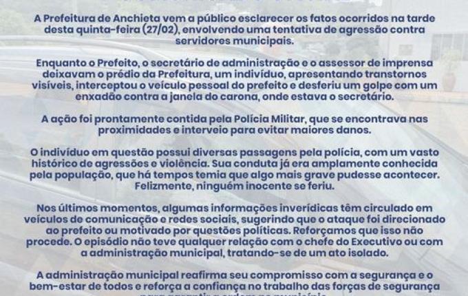 Prefeitura de Anchieta se pronuncia após ataque a carro do prefeito