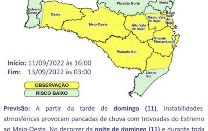 ‘Instabilidades atmosféricas’ causam alerta para municípios do Oeste de Santa Catarina