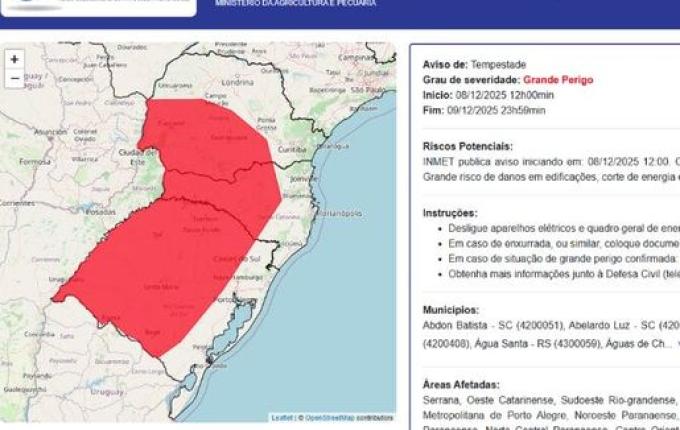Alerta vermelho coloca SC e mais dois estados em grande perigo para ciclone extratropical