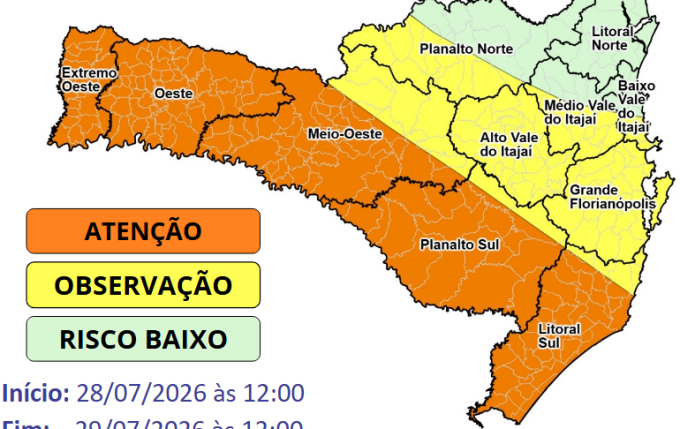 Defesa Civil alerta para temporais e chuva intensa em SC entre terça e quarta-feira
