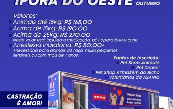 Abertas inscrições para castrações pela carreta do Castra Móvel em Iporã do Oeste