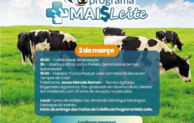 Guaraciaba lança Programa Mais Leite no dia 2 de março com palestra