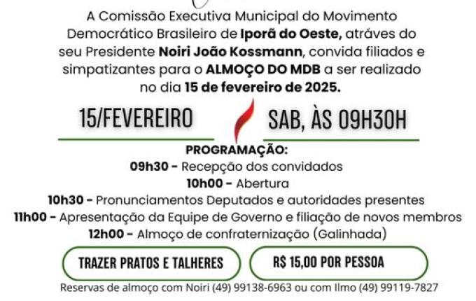 Diretório do MDB de Iporã do Oeste terá encontro neste sábado