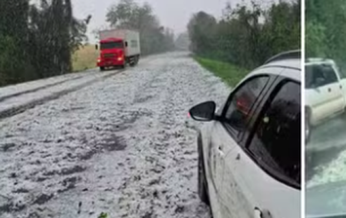 'Pedras do tamanho de ovos': temporal de granizo cobre rodovia no Norte do RS