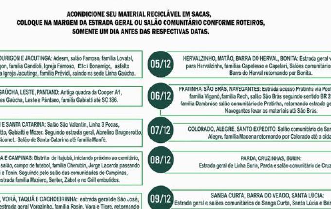 Coleta de materiais no interior vai começar na próxima semana em Descanso