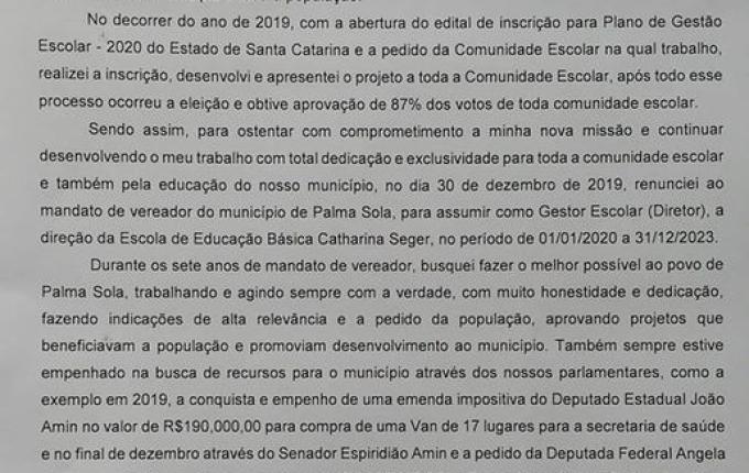 Vereador de Palma Sola renuncia ao cargo no legislativo