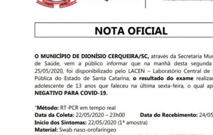 Resultado do Lacen descarta Coronavírus como causa da morte de adolescente