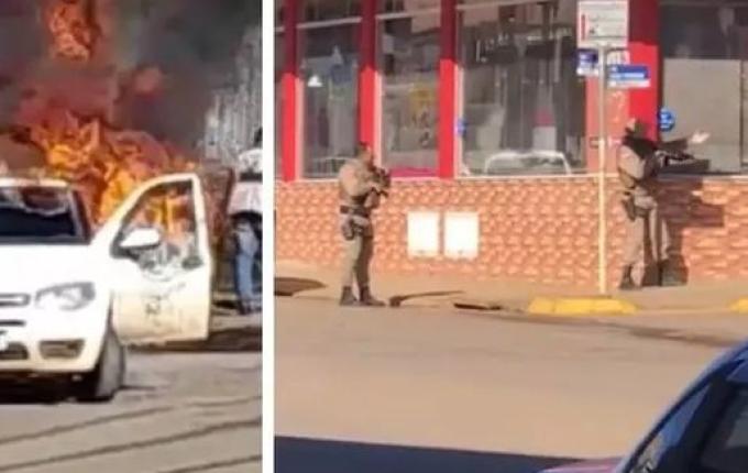 Invasão a banco deixa reféns, tem troca de tiros e carro incendiado no interior de SC