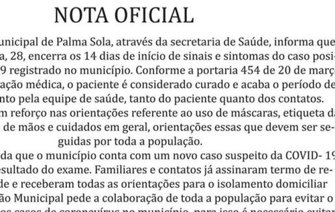 Paciente diagnosticado com Covid-19 em Palma Sola está curado