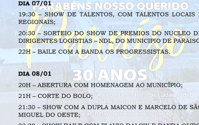 Paraíso terá programação especial em comemoração ao aniversário do município