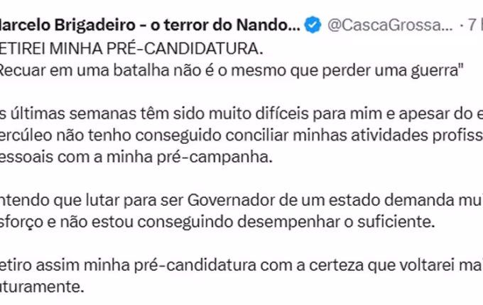 Marcelo Brigadeiro, do Missão, retira pré-candidatura ao governo de SC