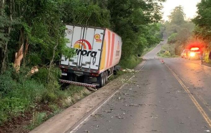 Caminhão de Iporã do Oeste sai da pista e colide em árvores na SC 163
