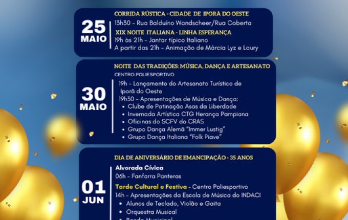 Programação do aniversário de 35 anos de Iporã do Oeste inicia neste sábado