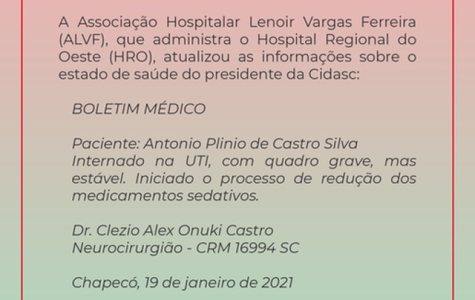 Hospital Regional inicia redução de sedativos do presidente da Cidasc