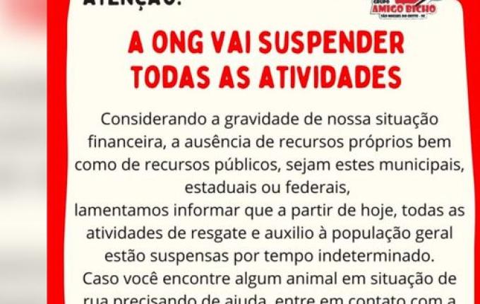 ONG Amigo Bicho suspende atividades em SMO por falta de recursos