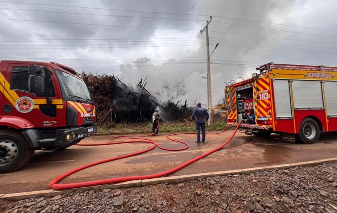 Incêndio atinge pilha de eucaliptos em madeireira de São Miguel do Oeste