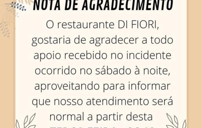 Após incêndio, Restaurante DIFIORI retoma atendimento normal nesta terça-feira