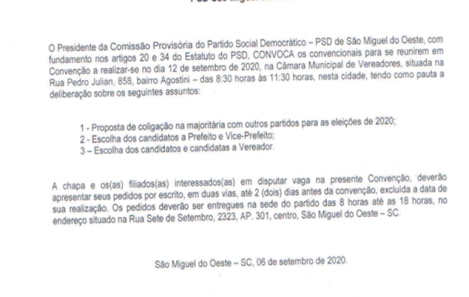 A PEDIDO: PSD publica edital de convenção partidária em SMO