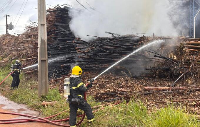 Incêndio atinge pilha de eucaliptos em madeireira de São Miguel do Oeste