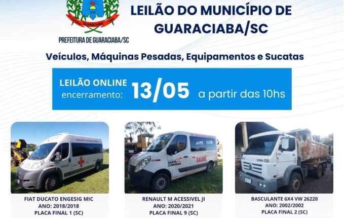Guaraciaba promove leilão de veículos, máquinas pesadas, equipamentos e sucatas