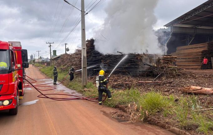 Incêndio atinge pilha de eucaliptos em madeireira de São Miguel do Oeste