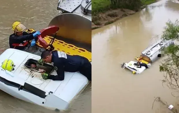 Idoso sobrevive após caminhão cair em rio e ficar com cabine submersa em SC