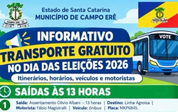 Campo Erê oferece transporte gratuito para eleitores do interior no segundo turno das Eleições 2026 a partir das 13h