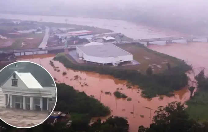 Havan de Lajeado volta a ficar cercada pela água após cheia do Rio Taquari