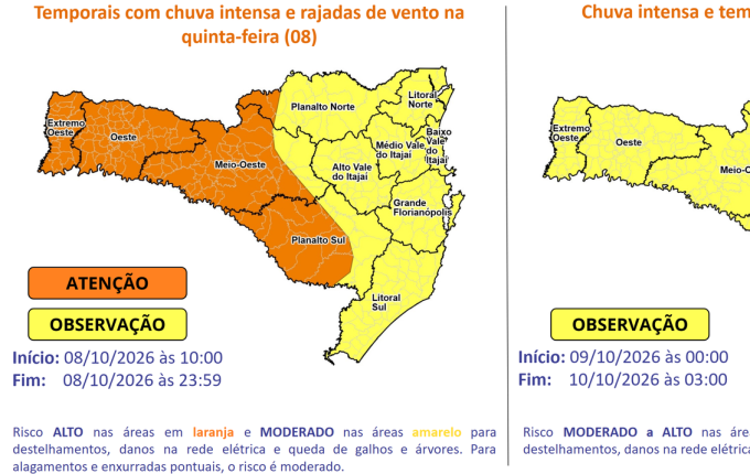 Defesa Civil alerta para temporais no Extremo Oeste entre quinta e sexta-feira