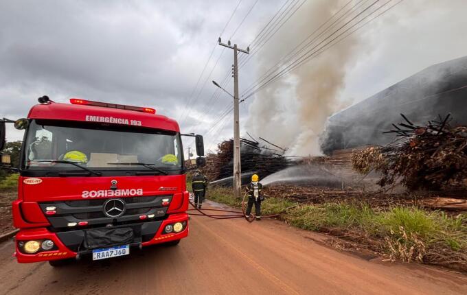 Incêndio atinge pilha de eucaliptos em madeireira de São Miguel do Oeste