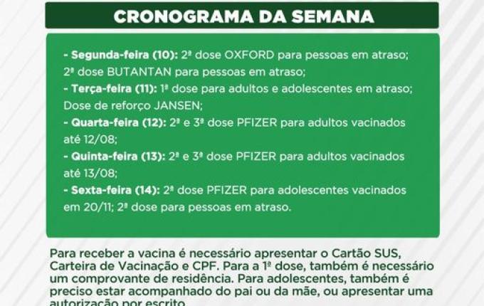 Vacinação contra a Covid-19 será na Unidade de Saúde Central a partir de segunda-feira