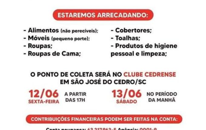 São José do Cedro faz campanha para arrecadação de donativos para as famílias atingidas por tornado