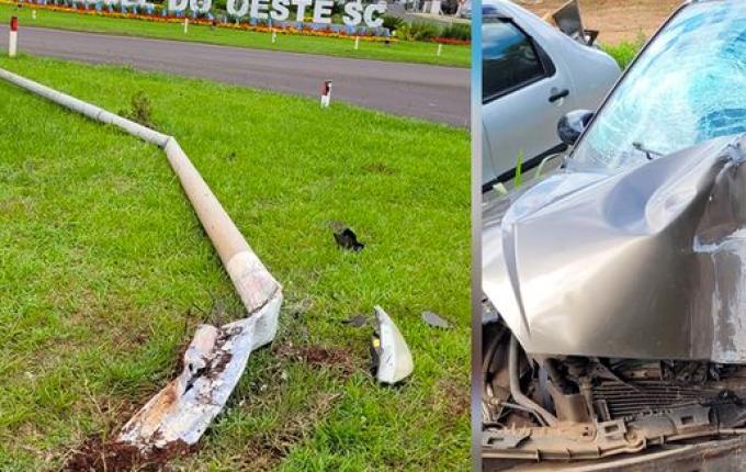 Condutor causa danos no trevo de São Miguel do Oeste