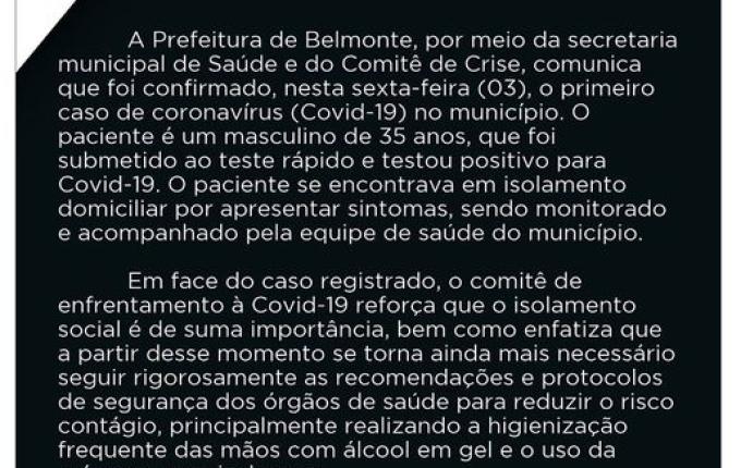 Belmonte confirma primeiro caso de Covid-19