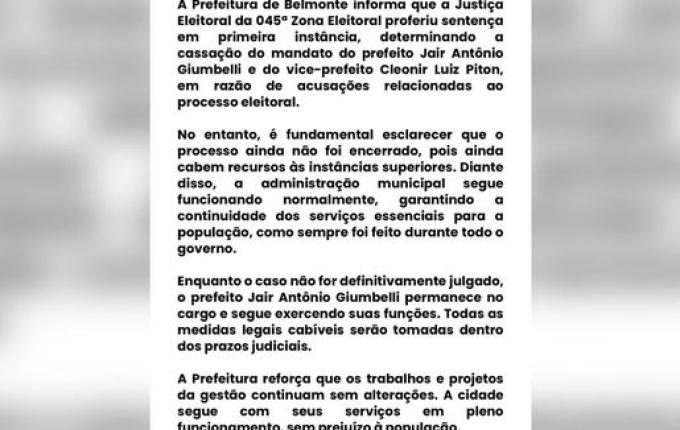Prefeitura de Belmonte se manifesta após decisão de cassação do prefeito e vice