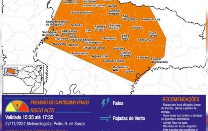Oeste de SC está em alerta para temporais nas próximas horas