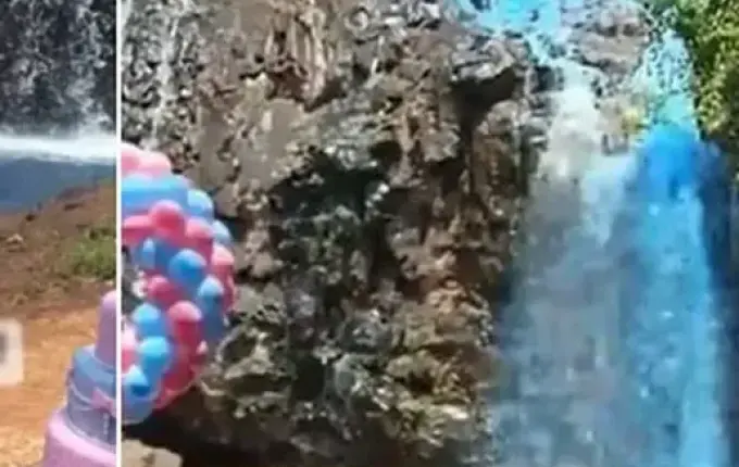 Chá revelação tingiu cachoeira com produto para lagos ornamentais