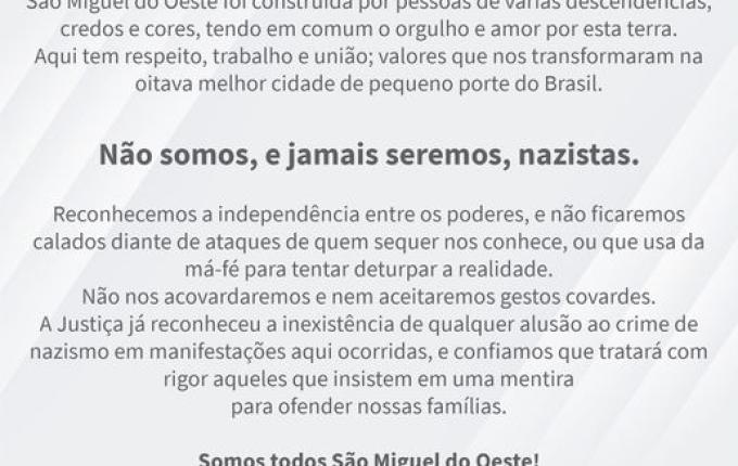 Em nota prefeitura de SMOeste afirma, “Não somos e jamais seremos Nazistas”