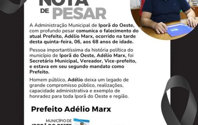 Prefeitura de Iporã do Oeste emite nota de pesar pelo falecimento do prefeito