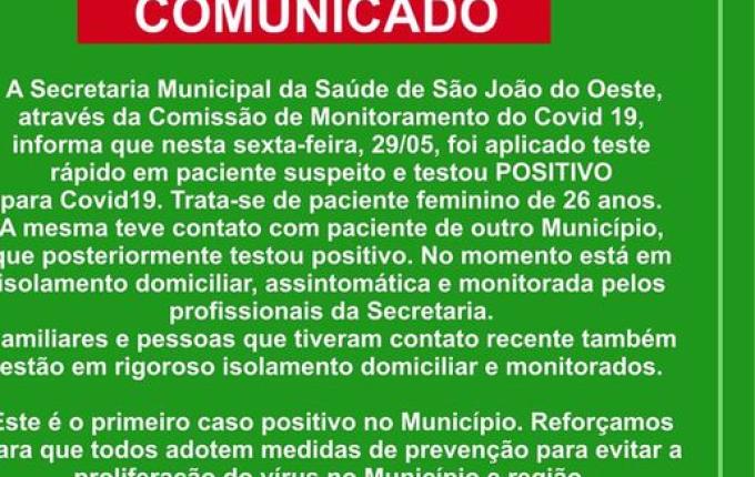Mulher de 26 anos é confirmada com Covid-19 em São João do Oeste